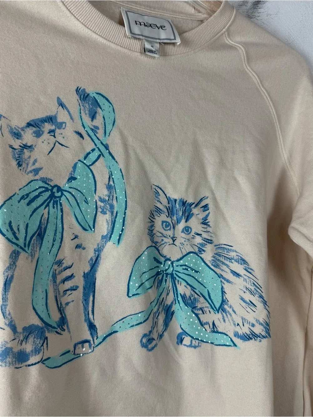 Anthropologie Maeve Sweatshirt Pullover Sweater Knit Top Cat Print Bow Blue
